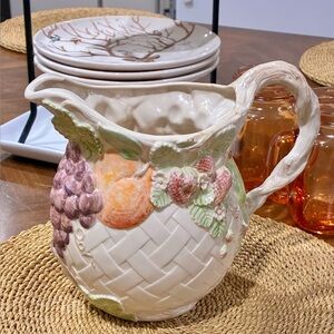 Vintage (1996) Handmade Fruit and Latice Design Drink Pitcher Ceramic